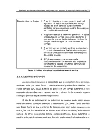 Avaliando arquiteturas orientadas a serviços em uma empresa de tecnologia da informação (TI)
24
Característica de design 1. O serviço é definido por um contexto funcional
agnóstico - A lógica encapsulada pelo serviço
associa-se a um contexto suficientemente
agnóstico para que qualquer cenário de uso possa
ser considerado reutilizável;
2. A lógica de serviço é altamente genérica – A lógica
encapsula pelo serviço é genérico o bastante, o
que permite que ela facilite inúmeros cenários de
uso por diferentes tipos de consumidores de
serviço;
3. O serviço tem um contrato genérico e extensível –
O contrato de serviços é flexível o bastante para
processar uma grande variedade de mensagens
de entrada e saída;
4. A lógica de serviço pode ser acessada
concorrentemente – Os serviços são projetados
para facilitar o acesso simultâneo por múltiplos
programas de consumidor.
Tabela 5: Perfil do princípio da capacidade de reuso de serviço.
2.2.5 Autonomia de serviço
A autonomia de serviço é a capacidade que o serviço tem de se governar,
tendo em vista que dessa forma o mesmo não tem grandes dependências com
outros serviços (Erl, 2009). Embora se pense em um serviço autônomo, o que
esse princípio aborda é que o mesmo deve ter o mínimo de dependência e que a
sua lógica principal seja bastante independente.
O ato de se autogovernar ou autonomia de serviço, pode trazer alguns
benefícios claros, como por exemplo, o desempenho (Erl, 2009). Tendo em vista
que dessa forma se terá o mínimo de dependências com outros serviços e as
execuções das funcionalidades se tornam mais diretas e conseqüentemente o
número de erros inesperados diminui consideravelmente. Essa autonomia é
medida e disponibilizada nos contratos formais, tendo como finalidade esclarecer
 