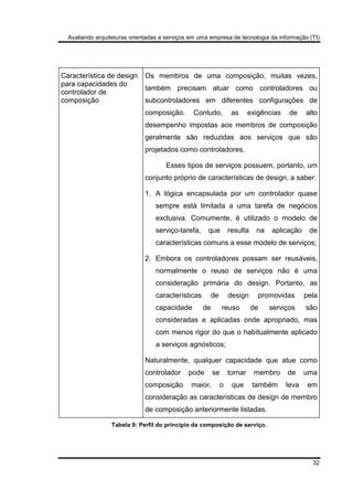Avaliando arquiteturas orientadas a serviços em uma empresa de tecnologia da informação (TI)
32
Característica de design
para capacidades do
controlador de
composição
Os membros de uma composição, muitas vezes,
também precisam atuar como controladores ou
subcontroladores em diferentes configurações de
composição. Contudo, as exigências de alto
desempenho impostas aos membros de composição
geralmente são reduzidas aos serviços que são
projetados como controladores.
Esses tipos de serviços possuem, portanto, um
conjunto próprio de características de design, a saber:
1. A lógica encapsulada por um controlador quase
sempre está limitada a uma tarefa de negócios
exclusiva. Comumente, é utilizado o modelo de
serviço-tarefa, que resulta na aplicação de
características comuns a esse modelo de serviços;
2. Embora os controladores possam ser reusáveis,
normalmente o reuso de serviços não é uma
consideração primária do design. Portanto, as
características de design promovidas pela
capacidade de reuso de serviços são
consideradas e aplicadas onde apropriado, mas
com menos rigor do que o habitualmente aplicado
a serviços agnósticos;
Naturalmente, qualquer capacidade que atue como
controlador pode se tornar membro de uma
composição maior, o que também leva em
consideração as características de design de membro
de composição anteriormente listadas.
Tabela 9: Perfil do princípio da composição de serviço.
 