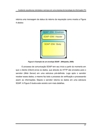 Avaliando arquiteturas orientadas a serviços em uma empresa de tecnologia da informação (TI)
37
retorna uma mensagem de status do retorno da requisição como mostra a Figura
4 abaixo:
.
Figura 4: Exemplo de um envelope SOAP. (Wikipédia, 2009)
O processo de comunicação SOAP tem seu início a partir do momento em
que o cliente (Client) envia os dados, que através do HTTP são enviados para o
servidor (Web Server) em uma estrutura pré-definida. Logo após o servidor
receber esses dados, o mesmo faz todo o processo de verificação e processando
assim as informações. Depois o servidor retorna os dados em uma estrutura
SOAP. A Figura 5 ilustra este cenário com mais detalhes.
 