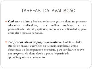 TAREFAS  DA  AVALIAÇÃO Conhecer o aluno  : Pode-se orientar e guiar o aluno no processo educativo avaliando-o, para melhor conhecer a sua personalidade, atitude, aptidões, interesses e dificuldades, para estimular o sucesso de todos. Verificar os ritmos de progresso do aluno :  Coleta de dados através de provas, exercícios ou de meios auxiliares, como observação do desempenho e entrevista, para verificar se houve um progresso do aluno desde o ponto de partida da aprendizagem até ao momento.  