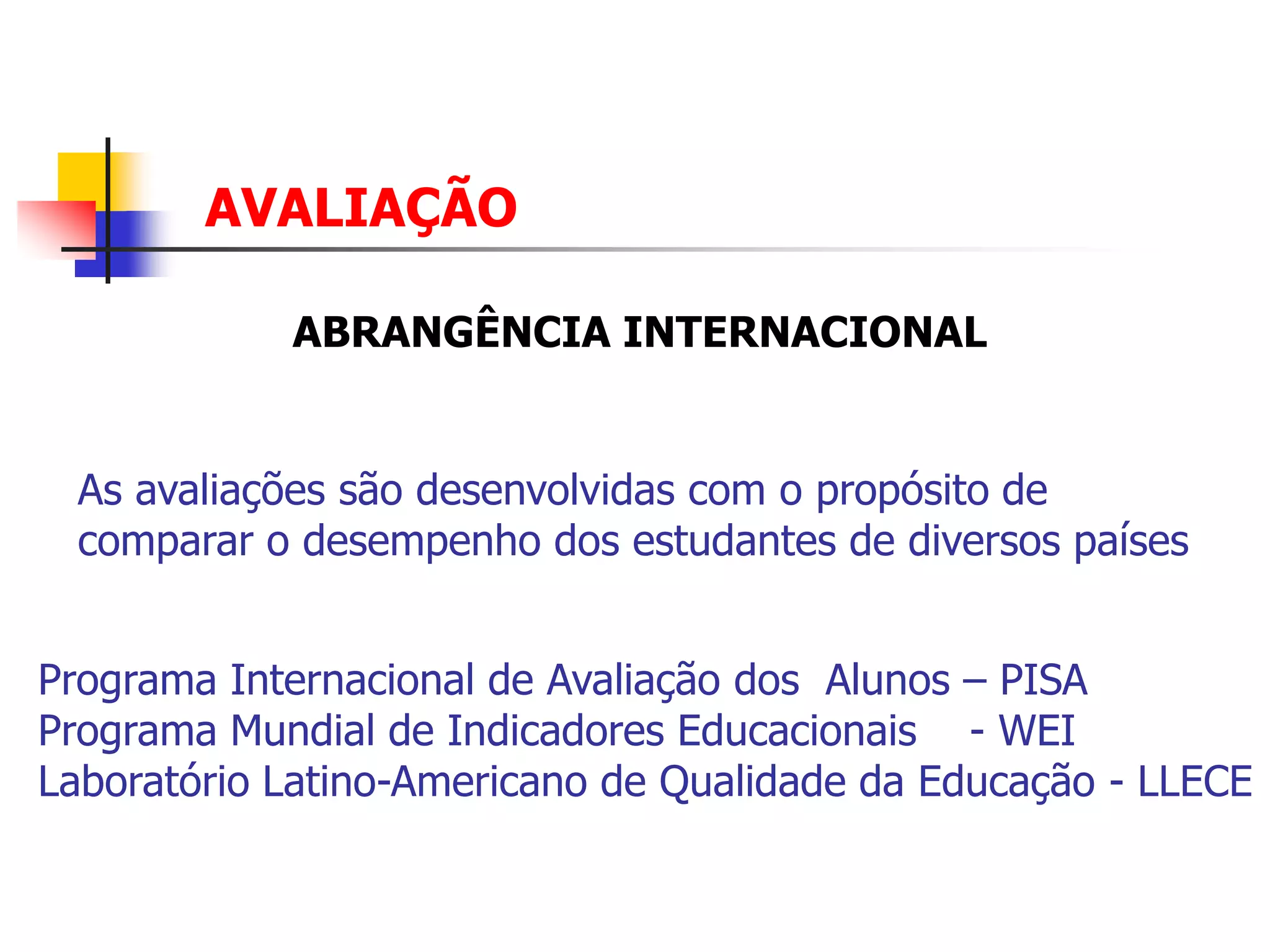 AVALIAÇÃO

            ABRANGÊNCIA INTERNACIONAL


  As avaliações são desenvolvidas com o propósito de
  comparar o desempenho dos estudantes de diversos países


Programa Internacional de Avaliação dos Alunos – PISA
Programa Mundial de Indicadores Educacionais - WEI
Laboratório Latino-Americano de Qualidade da Educação - LLECE
 