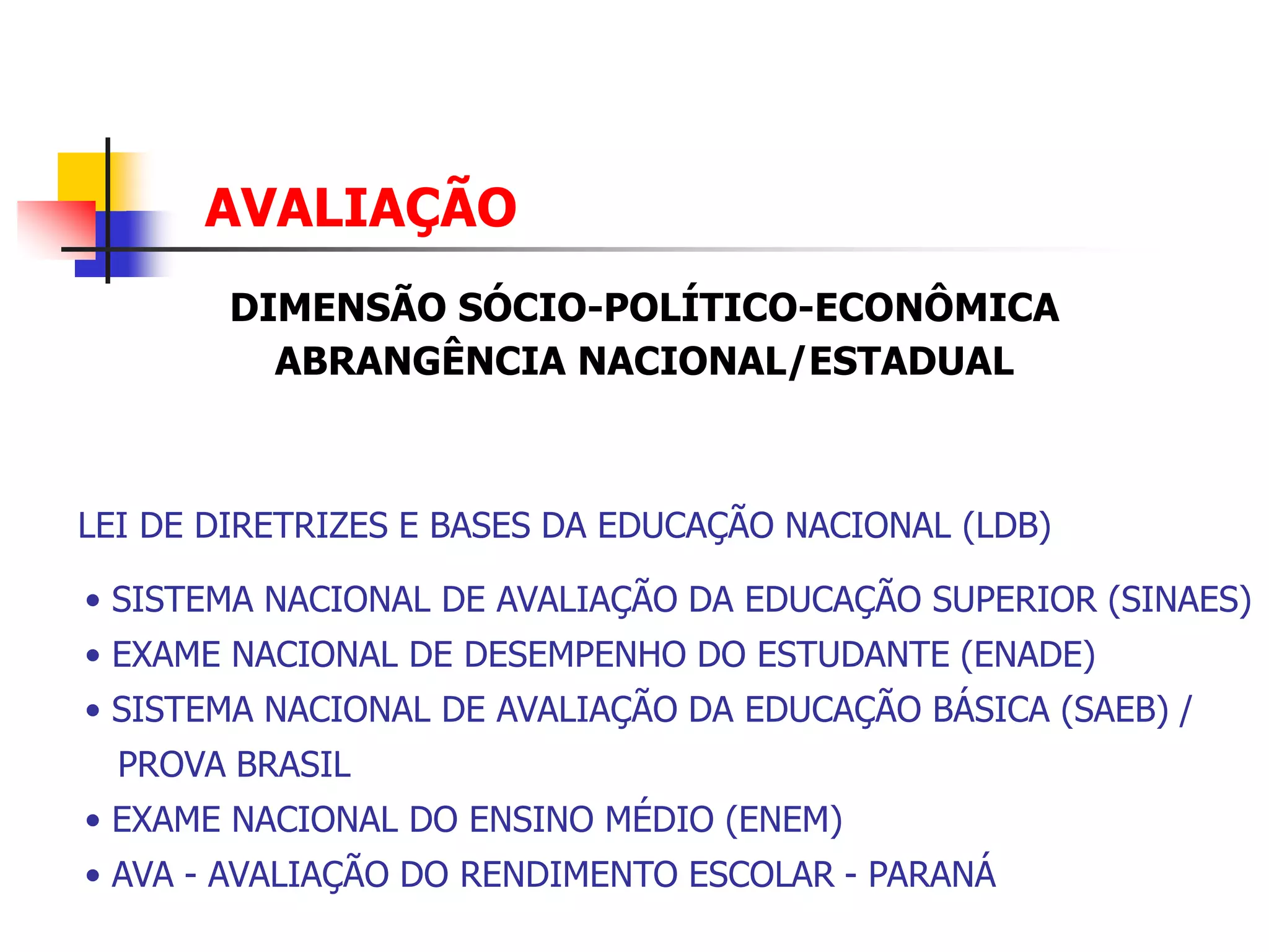AVALIAÇÃO
        DIMENSÃO SÓCIO-POLÍTICO-ECONÔMICA
          ABRANGÊNCIA NACIONAL/ESTADUAL



LEI DE DIRETRIZES E BASES DA EDUCAÇÃO NACIONAL (LDB)

• SISTEMA NACIONAL DE AVALIAÇÃO DA EDUCAÇÃO SUPERIOR (SINAES)
• EXAME NACIONAL DE DESEMPENHO DO ESTUDANTE (ENADE)
• SISTEMA NACIONAL DE AVALIAÇÃO DA EDUCAÇÃO BÁSICA (SAEB) /
  PROVA BRASIL
• EXAME NACIONAL DO ENSINO MÉDIO (ENEM)
• AVA - AVALIAÇÃO DO RENDIMENTO ESCOLAR - PARANÁ
 