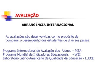 AVALIAÇÃO

            ABRANGÊNCIA INTERNACIONAL


  As avaliações são desenvolvidas com o propósito de
  comparar o desempenho dos estudantes de diversos países


Programa Internacional de Avaliação dos Alunos – PISA
Programa Mundial de Indicadores Educacionais - WEI
Laboratório Latino-Americano de Qualidade da Educação - LLECE
 