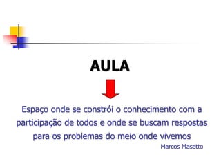 AULA

 Espaço onde se constrói o conhecimento com a
participação de todos e onde se buscam respostas
    para os problemas do meio onde vivemos
                                    Marcos Masetto
 
