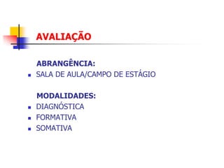 AVALIAÇÃO

    ABRANGÊNCIA:
   SALA DE AULA/CAMPO DE ESTÁGIO

    MODALIDADES:
   DIAGNÓSTICA
   FORMATIVA
   SOMATIVA
 