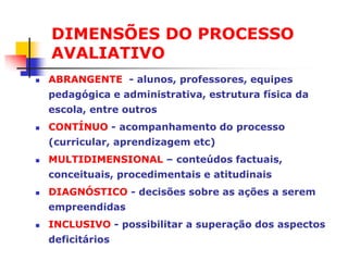 DIMENSÕES DO PROCESSO
    AVALIATIVO
   ABRANGENTE - alunos, professores, equipes
    pedagógica e administrativa, estrutura física da
    escola, entre outros
   CONTÍNUO - acompanhamento do processo
    (curricular, aprendizagem etc)
   MULTIDIMENSIONAL – conteúdos factuais,
    conceituais, procedimentais e atitudinais
   DIAGNÓSTICO - decisões sobre as ações a serem
    empreendidas
   INCLUSIVO - possibilitar a superação dos aspectos
    deficitários
 