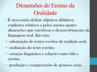 Dimensões do Ensino da
Oralidade
• É necessário definir objetivos didáticos
explícitos relativos a pelos menos quatro
dimensões que envolvem o desenvolvimento da
linguagem oral. São elas:
• valorização de textos escritos de tradição oral;
• oralização do texto escrito;
• variação linguística e relações entre fala e
escrita;
• produção e compreensão de gêneros orais.

 