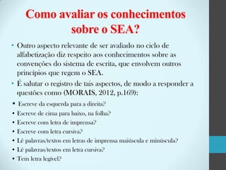 Como avaliar os conhecimentos
sobre o SEA?
• Outro aspecto relevante de ser avaliado no ciclo de
alfabetização diz respeito aos conhecimentos sobre as
convenções do sistema de escrita, que envolvem outros
princípios que regem o SEA.
• É salutar o registro de tais aspectos, de modo a responder a
questões como (MORAIS, 2012, p.169):
• Escreve da esquerda para a direita?
• Escreve de cima para baixo, na folha?
• Escreve com letra de imprensa?
• Escreve com letra cursiva?
• Lê palavras/textos em letras de imprensa maiúscula e minúscula?
• Lê palavras/textos em letra cursiva?
• Tem letra legível?

 