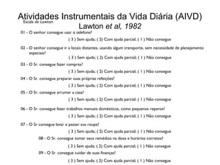 Atividades Instrumentais da Vida Diária (AIVD)
Escala de Lawton
Lawton et al, 1982

01 - O senhor consegue usar o telefone?

( 3 ) Sem ajuda; ( 2) Com ajuda parcial; ( 1 ) Não consegue
02 - O senhor consegue ir a locais distantes, usando algum transporte, sem necessidade de planejamento
especiais?
( 3 ) Sem ajuda; ( 2) Com ajuda parcial; ( 1 ) Não consegue
03 - O Sr. consegue fazer compras?
( 3 ) Sem ajuda; ( 2) Com ajuda parcial; ( 1 ) Não consegue
04 - O Sr. consegue preparar suas próprias refeições?
( 3 ) Sem ajuda; ( 2) Com ajuda parcial; ( 1 ) Não consegue
05 - O Sr. consegue arrumar a casa?
( 3 ) Sem ajuda; ( 2) Com ajuda parcial; ( 1 ) Não consegue
06 - O Sr. consegue fazer trabalhos manuais domésticos, como pequenos reparos?
( 3 ) Sem ajuda; ( 2) Com ajuda parcial; ( 1 ) Não consegue
07 - O Sr consegue lavar e passar sua roupa?
( 3 ) Sem ajuda; ( 2) Com ajuda parcial; ( 1 ) Não consegue
08 - O Sr. consegue tomar seus remédios na dose e horários corretos?
( 3 ) Sem ajuda; ( 2) Com ajuda parcial; ( 1 ) Não consegue
09 - O Sr. consegue cuidar de suas finanças?
( 3 ) Sem ajuda; ( 2) Com ajuda parcial; ( 1 ) Não consegue

 