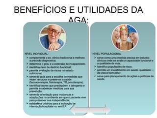 BENEFÍCIOS E UTILIDADES DA
AGA:

NÍVEL INDIVIDUAL:
 complementa o ex. clinico tradicional e melhora
a precisão diagnostica;
 determina o grau e a extensão da incapacidade;
 identifica risco de declínio funcional;
 permite avaliação de riscos no estado
nutricional;
 serve de guia para a escolha de medidas que
visam restaurar e preservar a saúde
(farmacoterapia, fisioterapia, TO,psicoterapia);
 identifica fatores que predispõem a iatrogenia e
permite estabelecer medidas para sua
prevenção;
 serve de orientação para mudanças e
adaptações no ambiente em que o paciente vive
para preservar sua independência;
 estabelece critérios para a indicação de
internação hospitalar ou em ILP.

NÍVEL POPULACIONAL
 serve como uma medida precisa em estudos
clínicos onde se avalia a capacidade funcional e
a qualidade de vida;
 identifica populações de risco;
 permite um investimento em saúde, qualidade
de vida e bem-estar;
 serve para planejamento de ações e políticas de
saúde.

 