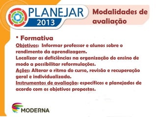 Modalidades de 
avaliação 
• Formativa 
Objetivos: Informar professor e alunos sobre o 
rendimento da aprendizagem. 
Localizar as deficiências na organização do ensino de 
modo a possibilitar reformulações. 
Ações: Alterar o ritmo do curso, revisão e recuperação 
geral e individualizada. 
Instrumentos de avaliação: específicos e planejados de 
acordo com os objetivos propostos. 
 