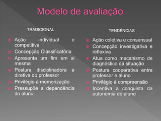  Ação individual e
competitiva
 Concepção Classificatória
 Apresenta um fim em si
mesma
 Postura disciplinadora e
diretiva do professor
 Privilégio à memorização
 Pressupõe a dependência
do aluno.
 Ação coletiva e consensual
 Concepção investigativa e
reflexiva
 Atua como mecanismo de
diagnóstico da situação
 Postura cooperativa entre
professor e aluno
 Privilégio à compreensão
 Incentiva a conquista da
autonomia do aluno
TRADICIONAL TENDÊNCIAS
 