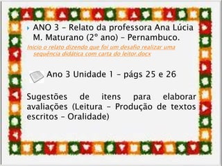  ANO 3 – Relato da professora Ana Lúcia
M. Maturano (2º ano) – Pernambuco.
Inicio o relato dizendo que foi um desafio realizar uma
sequência didática com carta do leitor.docx
Ano 3 Unidade 1 – págs 25 e 26
Sugestões de itens para elaborar
avaliações (Leitura – Produção de textos
escritos – Oralidade)
 