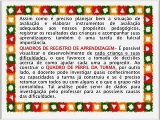 Assim como é preciso planejar bem a situação de
avaliação e elaborar instrumentos de avaliação
adequados aos nossos propósitos pedagógicos,
registrar os resultados das crianças e acompanhar suas
aprendizagens também é uma tarefa de fulcral
importância.
QUADROS DE REGISTRO DE APRENDIZAGEM- É possível
visualizar o desenvolvimento de cada criança e suas
dificuldades, o que favorece a tomada de decisões
acerca de como ajudar cada uma a progredir. Ao
construir o QUADRO DE PERFIL DA TURMA, por outro
lado, o docente pode investigar quais conhecimentos
ou capacidades a turma já construiu e se é preciso
retomar com todos ou com alguns e o que o grupo não
consolidou. Tal análise pode servir de dados para
investigação pelo professor para as possíveis causas
das dificuldades.
 
