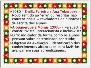 1980 – Emília Ferreiro / Ana Teberosky -
Novo sentido ao “erro” ou “escritas não
convencionais = reveladores de hipóteses
de escrita dos alunos
Albuquerque e Morais (2006) – Perspectiva
construtivista, interacionista e inclusivista
Erro: indicador da forma como os alunos
pensam sobre determinado conteúdo;
Objetivo da Avaliação – identificação dos
conhecimentos alcançados para fazê-los
avançar em suas aprendizagens.
 