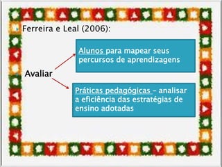  Ferreira e Leal (2006):
 Avaliar
Alunos para mapear seus
percursos de aprendizagens
Práticas pedagógicas – analisar
a eficiência das estratégias de
ensino adotadas
 