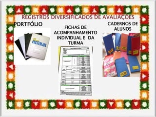 PORTFÓLIO
FICHAS DE
ACOMPANHAMENTO
INDIVIDUAL E DA
TURMA
CADERNOS DE
ALUNOS
 