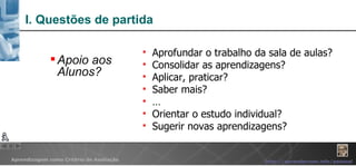 I. Questões de partida Aprofundar o trabalho da sala de aulas? Consolidar as aprendizagens? Aplicar, praticar?  Saber mais? … Orientar o estudo individual? Sugerir novas aprendizagens? Apoio aos Alunos? 