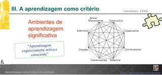 III. A aprendizagem como critério (Jonassen, 1999) Ambientes de aprendizagem significativa “ Aprendizagem cognitivamente activa e consciente” 