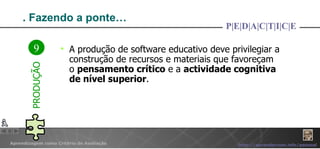 . Fazendo a ponte… A produção de software educativo deve privilegiar a construção de recursos e materiais que favoreçam o  pensamento crítico  e a  actividade cognitiva de nível superior . P|E|D|A|C|T|I|C|E 9 PRODUÇÃO 
