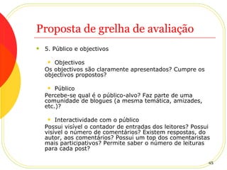 Proposta de grelha de avaliação 5. Público e objectivos Objectivos Os objectivos são claramente apresentados? Cumpre os objectivos propostos? Público Percebe-se qual é o público-alvo? Faz parte de uma comunidade de blogues (a mesma temática, amizades, etc.)? Interactividade com o público Possui visível o contador de entradas dos leitores? Possui visível o número de comentários? Existem respostas, do autor, aos comentários? Possui um top dos comentaristas mais participativos? Permite saber o número de leituras para cada post? 