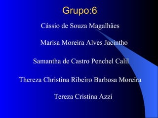 Grupo:6 Cássio de Souza Magalhães   Marisa Moreira Alves Jacintho Samantha de Castro Penchel Calil Thereza Christina Ribeiro Barbosa Moreira Tereza Cristina Azzi 