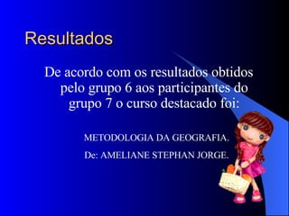 Resultados De acordo com os resultados obtidos pelo grupo 6 aos participantes do grupo 7 o curso destacado foi: METODOLOGIA DA GEOGRAFIA. De: AMELIANE STEPHAN JORGE. 