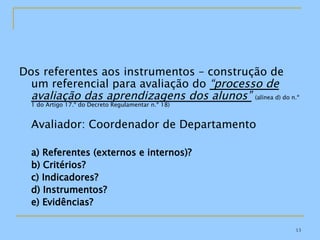 Dos referentes aos instrumentos – construção de um referencial para avaliação do  “processo de avaliação das aprendizagens dos alunos”   (alínea d) do n.º 1 do Artigo 17.º do Decreto Regulamentar n.º 18) Avaliador: Coordenador de Departamento a) Referentes (externos e internos)? b) Critérios? c) Indicadores? d) Instrumentos? e) Evidências? 