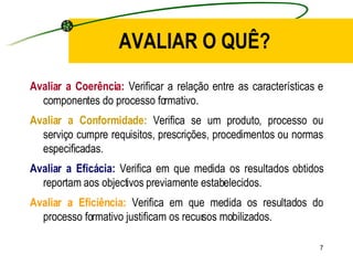 AVALIAR O QUÊ? Avaliar a Coerência:  Verificar a relação entre as características e componentes do processo formativo. Avaliar a Conformidade:  Verifica se um produto, processo ou serviço cumpre requisitos, prescrições, procedimentos ou normas especificadas. Avaliar a Eficácia:  Verifica em que medida os resultados obtidos reportam aos objectivos previamente estabelecidos. Avaliar a Eficiência:  Verifica em que medida os resultados do processo formativo justificam os recursos mobilizados. 