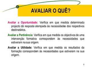 AVALIAR O QUÊ? Avaliar a Oportunidade:  Verifica em que medida determinado projecto dá resposta atempada às necessidades dos respectivos destinatários. Avaliar a Pertinência:  Verifica em que medida os objectivos de uma intervenção formativa correspondem às necessidades que estiveram na sua origem. Avaliar a Utilidade:  Verifica em que medida os resultados da formação correspondem às necessidades que estiveram na sua origem. 