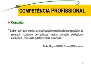 COMPETÊNCIA  PROFISSIONAL Conceito: “  Saber agir que implica a mobilização/combinação/transposição de recursos (conjunto de saberes) numa situação profissional específica, com vista a determinada finalidade.” Fonte:  Meignant (1999); Gomes (1999) e outros. 