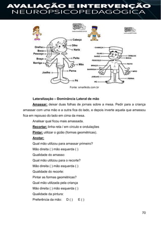 70
Fonte: smartkids.com.br
Lateralização – Dominância Lateral de mão
Amassar: deixar duas folhas de jornais sobre a mesa. Pedir para a criança
amassar com uma mão e a outra fica do lado, e depois inverte aquela que amassou
fica em repouso do lado em cima da mesa.
Analisar qual ficou mais amassada.
Recortar: linha reta / em círculo e ondulações
Pintar: utilizar o gizão (formas geométricas).
Anotar:
Qual mão utilizou para amassar primeiro?
Mão direita ( ) mão esquerda ( )
Qualidade do amasso:
Qual mão utilizou para o recorte?
Mão direita ( ) mão esquerda ( )
Qualidade do recorte:
Pintar as formas geométricas?
Qual mão utilizada pela criança
Mão direita ( ) mão esquerda ( )
Qualidade da pintura:
Preferência da mão: D ( ) E ( )
 