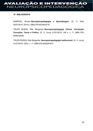 83
10 BIBLIOGRAFIA
SAMPAIO, Simaia. Neuropsicopedagogia e Aprendizagem. [S. l.]: Wak,
02/01/2016. 2016 p. ISBN 978-8578543716.
TOLER RUSSO, Rita Margarida. Neuropsicopedagogia Clínica. Introdução,
Conceitos, Teoria e Prática. [S. l.]: Juruá, 01/01/2015. 146 p. v. 1ª. ISBN 978-
8536252636.
TOLER RUSSO, Rita Margarida. Neuropsicopedagogia institucional. [S. l.]: Juruá;
01/01/2018. 338 p. v. 1ª. ISBN 978-8536281674.
 