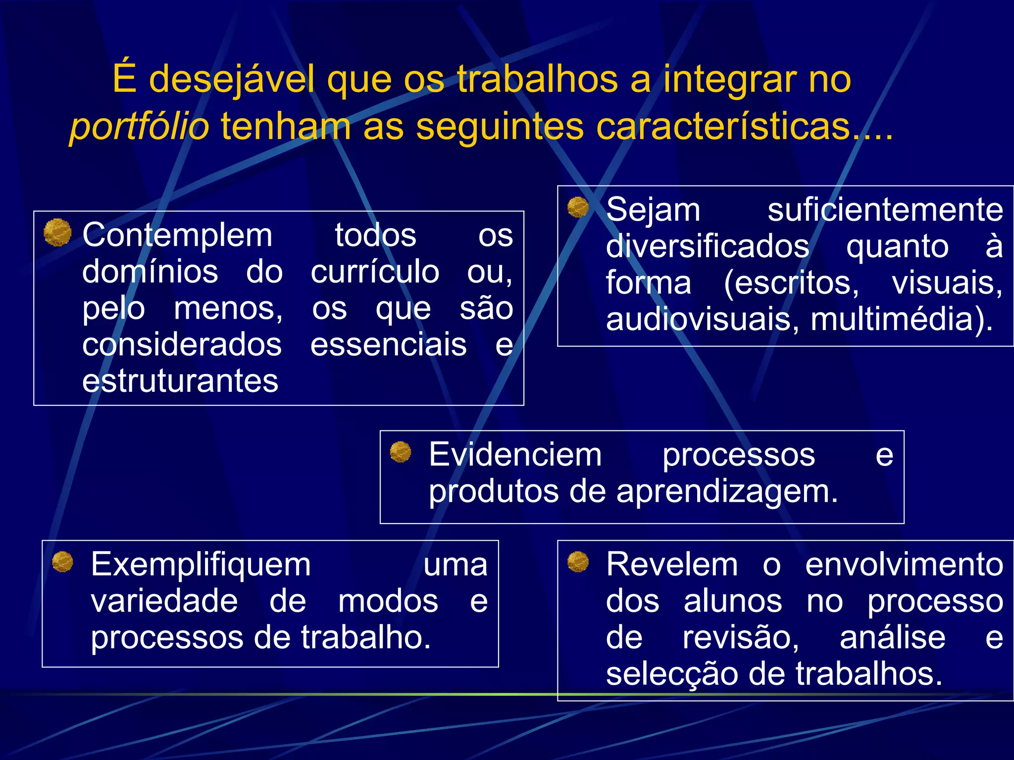 É desejável que os trabalhos a integrar no  portfólio  tenham as seguintes características.... Contemplem todos os domínios do currículo ou, pelo menos, os que são considerados essenciais e estruturantes Sejam suficientemente diversificados quanto à forma (escritos, visuais, audiovisuais, multimédia). Evidenciem processos e produtos de aprendizagem. Exemplifiquem uma variedade de modos e processos de trabalho. Revelem o envolvimento dos alunos no processo de revisão, análise e selecção de trabalhos. 
