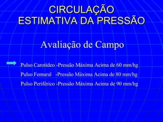 CIRCULAÇÃO ESTIMATIVA DA PRESSÃO Avaliação de Campo Pulso Carotídeo -Pressão Máxima Acima de 60 mm/hg Pulso Femural  -Pressão Máxima Acima de 80 mm/hg Pulso Periférico -Pressão Máxima Acima de 90 mm/hg 