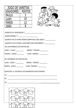 QUEM FOI O VENCEDOR ? _____________________
QUEM PERDEU ? _______________________
QUANTO FALTA PARA PEDRO EMPATAR COM JOÃO ? ____________
QUANTO FALTA PARA LUAN EMPATAR COM MÁRIO ? ____________
SE JUNTARMOS OS PONTOS DE:
JOÃO + LUAN= _________ MÁRIO + PEDRO= _________
PEDRO + JOÃO= ________ LUAN + MÁRIO= __________
SE TIRARMOS OS PONTOS DE:
LUAN - JOÃO = _________ MÁRIO - PEDRO= _________
MÁRIO - JOÃO= ________ LUAN - PEDRO= _________
QUESTÃO 12: ESCREVA OS NÚMEROS POR EXTENSO:
15 – _________________________________________________________
24 - __________________________________________________________
32 - __________________________________________________________
 