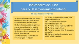 14. A educadora percebe que alguns
pedidos da criança podem ser uma
forma de chamar a sua atenção.
15. Durante os cuidados corporais, a
criança busca ativamente jogos e
brincadeiras amorosas com a mãe.
16. A criança demonstra gostar ou
não de alguma coisa.
17. Mãe e criança compartilham
uma linguagem particular.
08 a 12 meses incompletos
Indicadores de Risco
para o Desenvolvimento Infantil
17. Mãe e criança compartilham uma
linguagem particular.
18.A criança estranha pessoas
desconhecidas para ela.
19 -A criança possui objetos prediletos.
20- A criança faz gracinhas.
21- A criança busca o olhar de aprovação
do adulto.
22- A criança aceita alimentação semi-
sólida, sólida e variada.
 