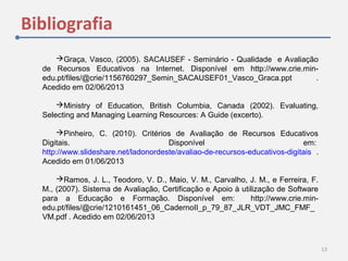 Bibliografia
13
Graça, Vasco, (2005). SACAUSEF - Seminário - Qualidade e Avaliação
de Recursos Educativos na Internet. Disponível em http://www.crie.min-
edu.pt/files/@crie/1156760297_Semin_SACAUSEF01_Vasco_Graca.ppt .
Acedido em 02/06/2013
Ministry of Education, British Columbia, Canada (2002). Evaluating,
Selecting and Managing Learning Resources: A Guide (excerto).
Pinheiro, C. (2010). Critérios de Avaliação de Recursos Educativos
Digitais. Disponível em:
http://www.slideshare.net/ladonordeste/avaliao-de-recursos-educativos-digitais .
Acedido em 01/06/2013
Ramos, J. L., Teodoro, V. D., Maio, V. M., Carvalho, J. M., e Ferreira, F.
M., (2007). Sistema de Avaliação, Certificação e Apoio à utilização de Software
para a Educação e Formação. Disponível em: http://www.crie.min-
edu.pt/files/@crie/1210161451_06_CadernoII_p_79_87_JLR_VDT_JMC_FMF_
VM.pdf . Acedido em 02/06/2013
 