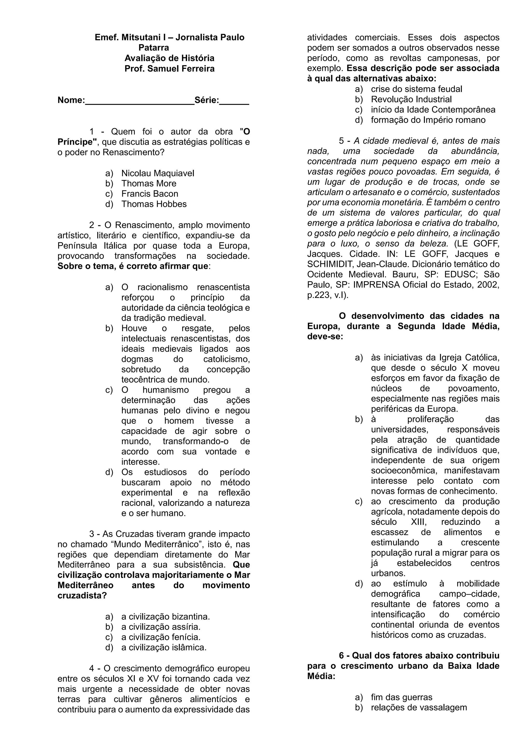 Exercícios Renascimento 7 Ano Pdf - BINKEDU