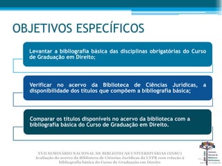 OBJETIVOS ESPECÍFICOS
  Levantar a bibliografia básica das disciplinas obrigatórias do Curso
  de Graduação em Direito;




  Verificar no acervo da Biblioteca de Ciências Jurídicas, a
  disponibilidade dos títulos que compõem a bibliografia básica;




  Comparar os títulos disponíveis no acervo da biblioteca com a
  bibliografia básica do Curso de Graduação em Direito.




     XVII SEMINÁRIO NACIONAL DE BIBLIOTECAS UNIVERSITÁRIAS (SNBU)
    Avaliação do acervo da Biblioteca de Ciências Jurídicas da UFPR com relação à
                bibliografia básica do Curso de Graduação em Direito
 