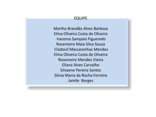 EQUIPE

Martha Brandão Alves Barbosa
Elma Oliveira Costa de Oliveira
  Iracema Sampaio Figueredo
 Rosemeire Maia Silva Souza
Clodovil Mascarenhas Mendes
Elma Oliveira Costa de Oliveira
   Rosemeire Mendes Vieira
      Eliana Alves Carvalho
     Silvaene Pereira Santos
Sônia Maria da Rocha Ferreira
          Jamile Borges
 