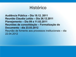 Histórico
Audiência Pública – Dia 19.12. 2011
Reunião Claudia Leitão – Dia 26.12.2011
Planejamento – Dia 09 a 11.02.2011
Reuniões de consolidação – Formalização do
Documento - dia 23.03.2012
Reunião de fomento aos processos institucionais – dia
22.04.2012
 