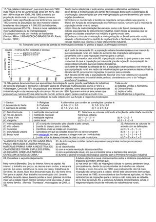 17. "As cidades milionárias*, que eram duas em 1960    Tendo como referência o texto acima, assinale a alternativa verdadeira.
(São Paulo e Rio de Janeiro) são cinco em 1970, dez    a) No Brasil a modernização do campo teve relação direta com a aceleração da
em 1980 e doze em 1991. Até 1960 a maioria da          urbanização, caracterizada por uma metropolização que se disseminou por várias
população ainda vivia no campo. Esses números          regiões brasileiras.
ganham maior significação se nos lembrarmos que em     b) Embora no mundo todo a tendência migratória campo-cidade seja grande, o
1872 a soma da população das dez maiores cidades       Brasil, em função da desorganização econômica e social, faz com que a maioria da
brasileiras não chegava a 1.000.000 de habitantes,     população ainda viva no campo.
reunindo apenas 815.729... Esta é a nova realidade da  c) Um ritmo de metropolização tão elevado, como o do Brasil, corresponde a
macrourbanização ou da metropolização."                índices equivalentes de crescimento industrial. Assim todas as pessoas que se
(*) cidades com mais de 1 milhão de habitantes         dirigem às cidades trabalham na indústria e ganha muito bem.
(Santos, Milton. URBANIZAÇÃO BRASILEIRAS. Paulo,       d) Embora o ritmo de urbanização e metropolização no Brasil tenha sido muito
Hucitec, 1993.)                                        elevado, o fenômeno ficou restrito às regiões Norte e Nordeste, pois foi justamente
                                                       nessas regiões que ocorreu o maior crescimento industrial.
              18. Tomando como ponto de partida as informações contidas no gráfico a seguir, a afirmação correta é:

                                                         a) A partir da década de 60, a população urbana brasileira passa a ser menor do
                                                         que a população rural, em razão do aumento das migrações estrangeiras
                                                         juntamente com o das migrações internas para o campo.
                                                         b) A partir de meados dos anos 60, a população urbana do país passa a ser mais
                                                         numerosa do que a população por causa da grande migração da população de
                                                         países desenvolvidos para as cidades brasileiras.
                                                         c) A partir de meados da década de 60, a população urbana passa a ser maior do
                                                         que a população rural, em razão da industrialização que se acentua desde o final da
                                                         década de 50, provocando migrações do campo para a cidade.
                                                         d) A década de 80 toda a população do Brasil já vivia nas cidades por causa do
                                                         grande crescimento industrial deste período, considerado como o do "milagre
                                                         econômico" brasileiro.
19. São países desenvolvidos que apresentam tecnologia de ponta, grande quantidade de indústrias         Trata-se de:
de bens de produção e consumo e abrigam sedes de empresas multinacionais, como a Ford e a                a) Estados Unidos e Alemanha.
Volkswagen. Cerca de 75% da população total moram em cidades, como decorrência do processo de            b) China e Brasil.
industrialização e da mecanização do campo. No ano de 1990, figuraram entre os seis países que           c) Japão e Índia.
possuíam as maiores dívidas externas do mundo, embora sejam países credores e muito ricos.               d) Grã-Bretanha e Argentina.
               20. Estabeleça a correlação de cada cidade com sua função e respectiva localização.

1- Santos                       1- Religiosa           A alternativa que contém as correlações corretas é:
2- Aparecida do Norte           2- Portuária           a) 1-2-; 2-1-; 3-3           b) 1-2-; 2-3-; 3-1
3- Campos de Jordão             3- Turismo             c) 1-1-; 2-2-; 3-3.          d) 1 -3; 2-1; 3-2
(1) Belo Horizonte      (   ) metrópole internacional                     21. Relacione as colunas indicando a função de cada cidade dentro da
(2) Rio de Janeiro      (   ) metrópole nacional                          hierarquia urbana.
(3)) Nova York          (   ) metrópole regional                          (a) 1 – 2 – 3 – 4                    (b) 4 –3 –2 - 1
(4) Varginha            (   ) centro local                                (c) 3 – 2 – 1 - 4                    (d) 3 – 1 –2 - 4
(1) metropolização           ( ) É o conjunto composto pela cidade e pelo campo.                                  22. Relacione as colunas de
(2) sítio urbano             ( ) saída do campo para a cidade.                                                    acordo com as definições:
(3) município                ( ) território onde se instala um município.                                         (a) 3 - 5 – 2 – 1 – 4
(4) conurbação urbana        ( ) processo em que as cidades estão em via de se tornarem                           (b) 5 – 4 – 3 – 2 – 1
(5) êxodo rural              uma metrópole, ou seja, prestes a abrigar mais de 1 milhão/hab                       (c) 1 – 2 – 3 – 4 – 5
                             ( ) união entre as áreas urbanas de dois ou mais municípios.                         (d) 3 – 2 – 4 – 1 – 5
"A AGRICULTURA SE VOLTOU AINDA MAIS                23. As informações contidas no texto expressam as grandes mudanças no espaço
PARA O MERCADO, E AGORA PRODUZIA                   geográfico:
MATÉRIAS-PRIMAS PARA A INDÚSTRIA; OS               a) na Idade Média
CAMPONESES FORAM EXPULSOS PARA                     b) com a recente revolução técnico-científica
AS CIDADES, ONDE AS FÁBRICAS                       c) com a globalização atual, em que a indústria toma a dianteira dos serviços
CARECIAM DE MÃO-DE-OBRA."                          d) durante a grande evolução tecnológica ocorrida com a Primeira Revolução Industrial
24. Considere o seguinte depoimento:                                  A leitura do texto e seus conhecimentos sobre a dinâmica populacional
                                                                      brasileira permitem afirmar que
Meu nome é Benedito. Sou do interior. Moro na capital. No             a) nos anos de 1990, as migrações cíclicas no campo perderam força,
interior, o trabalho era pouco, as cercas eram muitas, a seca era     principalmente, devido às oportunidades de trabalho nas cidades.
grande. Às vezes, trabalhava na cana, às vezes, trabalhava de         b) desde o início dos anos de 1980, que praticamente não há mais
servente, às vezes, fazia bico brocando mato. Eu não tinha terra.     migração do campo para a cidade, sendo este depoimento bem antigo.
Vim para a capital. Aqui trabalho na construção civil. Levanto        c) nos anos de 1990, a nova abertura das fronteiras agrícolas, no Norte,
edifícios, levanto casas, levanto pontes e cavo galerias. A minha     redirecionou as migrações para o campo e não mais para as cidades.
mão faz a cidade maior. Sonho construir uma boa casa. A casa          d) no final do século XX, a estrutura fundiária concentradora, ainda, é
da minha família. (Revista "Travessia", maio/agosto de 2001, p.       responsável pelo êxodo de milhares de trabalhadores rurais.
38)
 