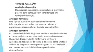 TIPOS DE AVALIAÇÃO
Avaliação diagnóstica
Diagnosticar o conhecimento do aluno é o primeiro
passo e deve ser levado em consideração em
qualquer instituição.
Avaliação formativa
Este tipo de avaliação pode ser feito de maneira
informal, durante as aulas, por meio de debates e
questionamentos aos alunos durante as explicações,
Avaliação somativa
Faz parte da realidade de grande parte das escolas brasileiras
e corresponde às provas bimestrais, semestrais ou anuais.
O objetivo dessa avaliação é informar e verificar o
aprendizado dos alunos, da turma e da escola como um todo
ao final de um processo de aprendizagem. Ela visa oferecer
um parecer sobre as habilidades e aprendizados
desenvolvidos.
 