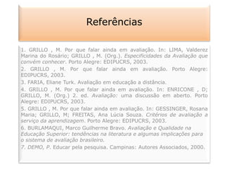 Referências
1. GRILLO , M. Por que falar ainda em avaliação. In: LIMA, Valderez
Marina do Rosário; GRILLO , M. (Org.). Especificidades da Avaliação que
convém conhecer. Porto Alegre: EDIPUCRS, 2003.
2. GRILLO , M. Por que falar ainda em avaliação. Porto Alegre:
EDIPUCRS, 2003.
3. FARIA, Eliane Turk. Avaliação em educação a distância.
4. GRILLO , M. Por que falar ainda em avaliação. In: ENRICONE , D;
GRILLO, M. (Org.) 2. ed. Avaliação: uma discussão em aberto. Porto
Alegre: EDIPUCRS, 2003.
5. GRILLO , M. Por que falar ainda em avaliação. In: GESSINGER, Rosana
Maria; GRILLO, M; FREITAS, Ana Lúcia Souza. Critérios de avaliação a
serviço da aprendizagem. Porto Alegre: EDIPUCRS, 2003.
6. BURLAMAQUI, Marco Guilherme Bravo. Avaliação e Qualidade na
Educação Superior: tendências na literatura e algumas implicações para
o sistema de avaliação brasileiro.
7. DEMO, P. Educar pela pesquisa. Campinas: Autores Associados, 2000.
 