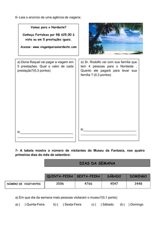 6- Leia o anúncio de uma agência de viagens:
7- A tabela mostra o número de visitantes do Museu da Fantasia, nos quatro
primeiros dias do mês de setembro:
QUINTA-FEIRA SEXTA-FEIRA SÁBADO DOMINGO
3596 4766 4547 3448
a) Em que dia da semana mais pessoas visitaram o museu?(0,1 ponto)
a) ( ) Quinta-Feira b) ( ) Sexta-Feira c) ( ) Sábado d) ( ) Domingo
Vamos para o Nordeste?
Conheça Fortaleza por R$ 625,00 à
vista ou em 5 prestações iguais.
Acesse: www.viagemparaonordeste.com
a) Dona Raquel vai pagar a viagem em
5 prestações. Qual o valor de cada
prestação?(0,3 pontos)
R:________________________________
__________________________________
a) Sr. Rodolfo vai com sua família que
tem 4 pessoas para o Nordeste .
Quanto ele pagará para levar sua
família ? (0,3 pontos)
R:________________________________
__________________________________
DIAS DA SEMANA
NÚMERO DE VISITANTES
 