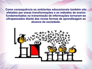 Como consequência os ambientes educacionais também são
afetados por essas transformações e os métodos de ensino
fundamentados na transmissão de informações tornaram-se
ultrapassados diante das novas formas de aprendizagem ao
alcance da sociedade.
 