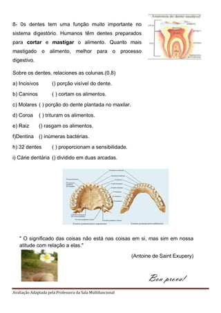 Avaliação Adaptada pela Professora da Sala Multifuncional
8- 0s dentes tem uma função muito importante no
sistema digestório. Humanos têm dentes preparados
para cortar e mastigar o alimento. Quanto mais
mastigado o alimento, melhor para o processo
digestivo.
Sobre os dentes, relaciones as colunas.(0,8)
a) Incisivos () porção visível do dente.
b) Caninos ( ) cortam os alimentos.
c) Molares ( ) porção do dente plantada no maxilar.
d) Coroa ( ) trituram os alimentos.
e) Raiz () rasgam os alimentos.
f)Dentina () inúmeras bactérias.
h) 32 dentes ( ) proporcionam a sensibilidade.
i) Cárie dentária () dividido em duas arcadas.
" O significado das coisas não está nas coisas em si, mas sim em nossa
atitude com relação a elas."
(Antoine de Saint Exupery)
Boa prova!
 