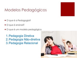O que é a Pedagogia?O que é ensinar?O que é um modelo pedagógicoModelos PedagógicosPedagogia DiretivaPedagogia Não-diretivaPedagogia Relacional