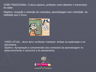 VISÃO TRADICIONAL- O aluno passivo, professor como detentor e transmissor do saber. Objetivo: recepção e retenção de conteúdos, aprendizagem sem criticidade  da realidade que o cerca. VISÃO ATUAL:  aluno ativo: professor mediador: ênfase na exploração e na descoberta. Objetivo: Apropriação e compreensão dos conteúdos da aprendizagem no desenvolvimento e raciocínio e do pensamento. 